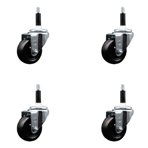 3'' SS Hard Rubber Wheel Swivel 7/8'' Expanding Stem Caster Set, 4PK